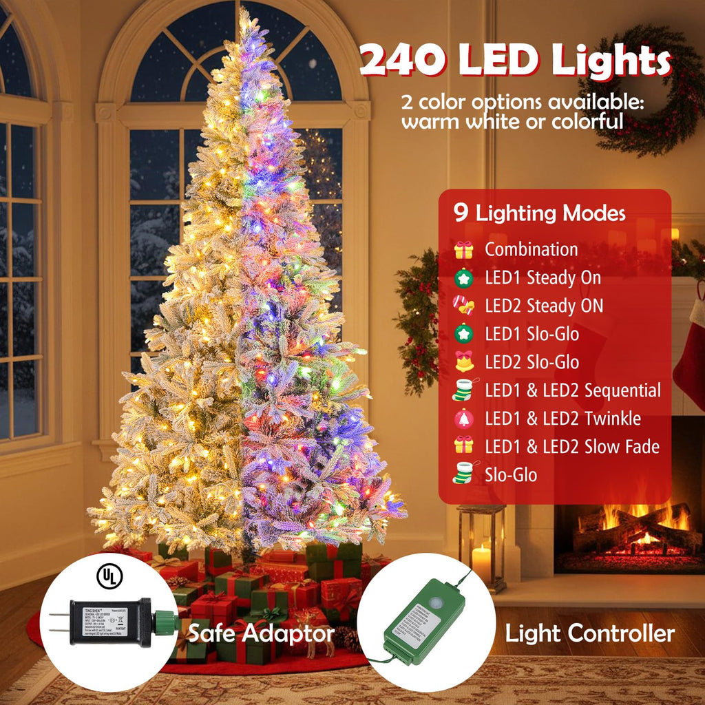 7 FT Half Christmas Tree, Pre-Lit Hinged Xmas Tree w/852 Branch Tips, 240 LED Lights, 9 Lighting Modes, 4-Level