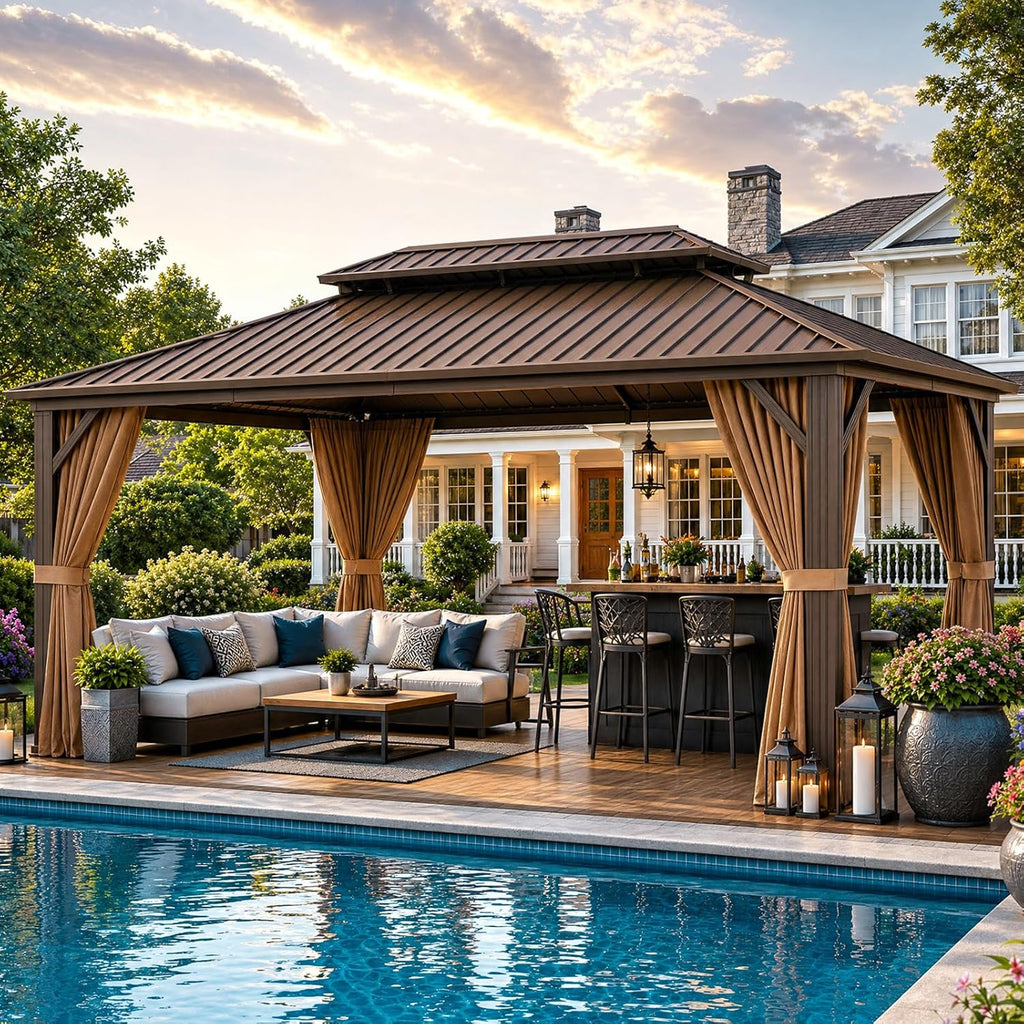 12'x16' Hardtop Gazebo, Permanent Metal Pavilion with Galvanized Steel Double Roof