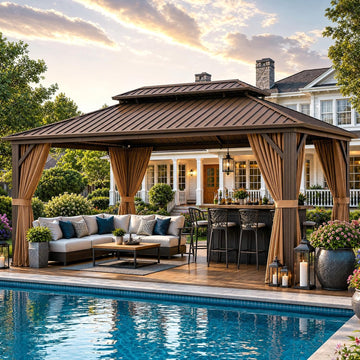 12'x16' Hardtop Gazebo, Permanent Metal Pavilion with Galvanized Steel Double Roof