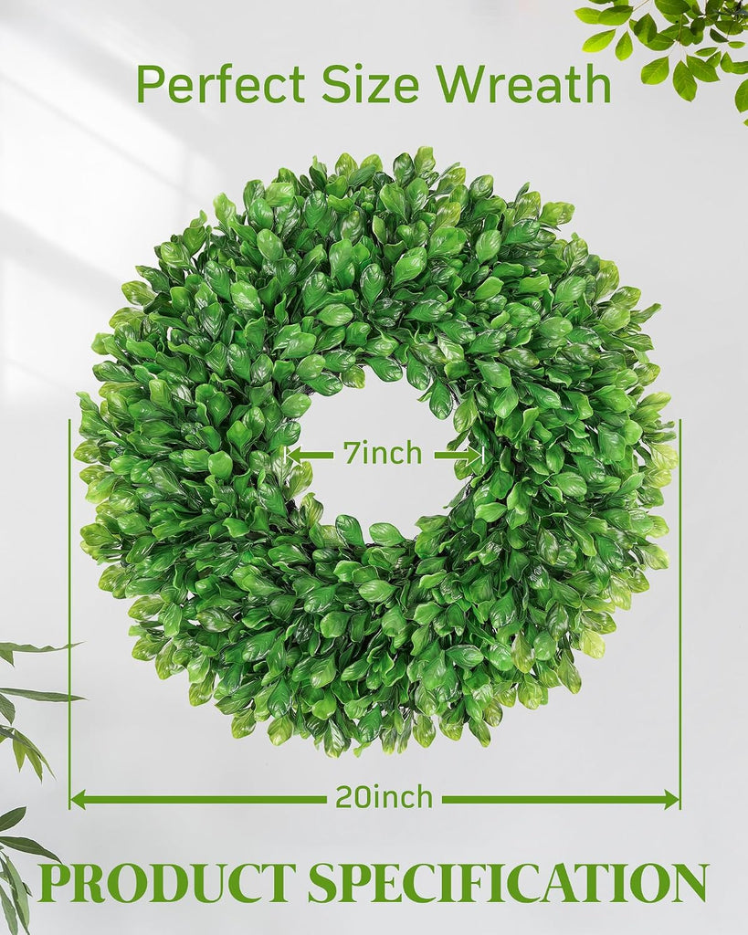 20 Inch Faux Round Boxwood Wreath, Weatherproof Wreaths for Front Door, Artificial Spring Summer Greenery Wreath