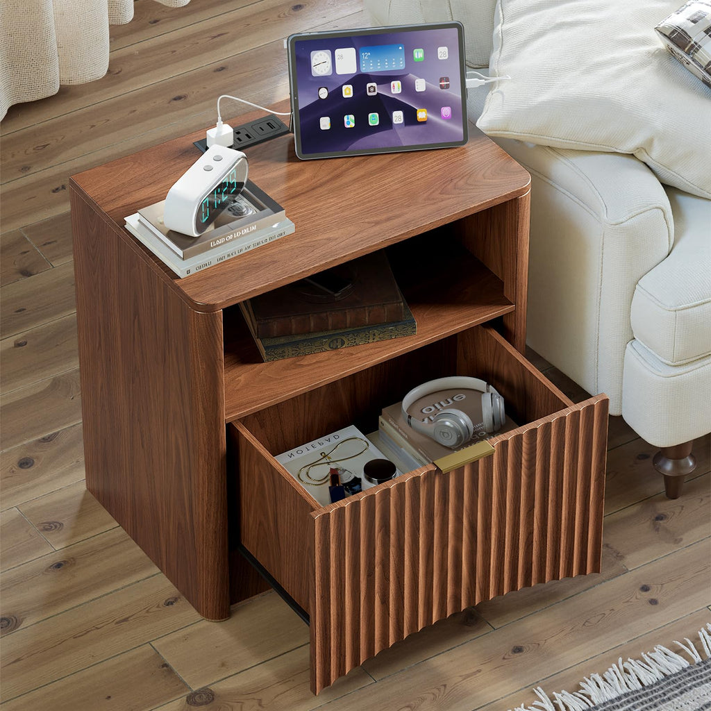 Fluted Nightstand with Charging Station, Walnut Bedside Table