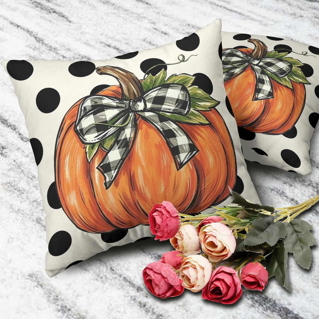 Fall Pumpkin Pillow Covers 16x16 Set of 2 Black Polka Dot Buffalo Plaid Bow Autumn Throw Pillow Cases Rustic