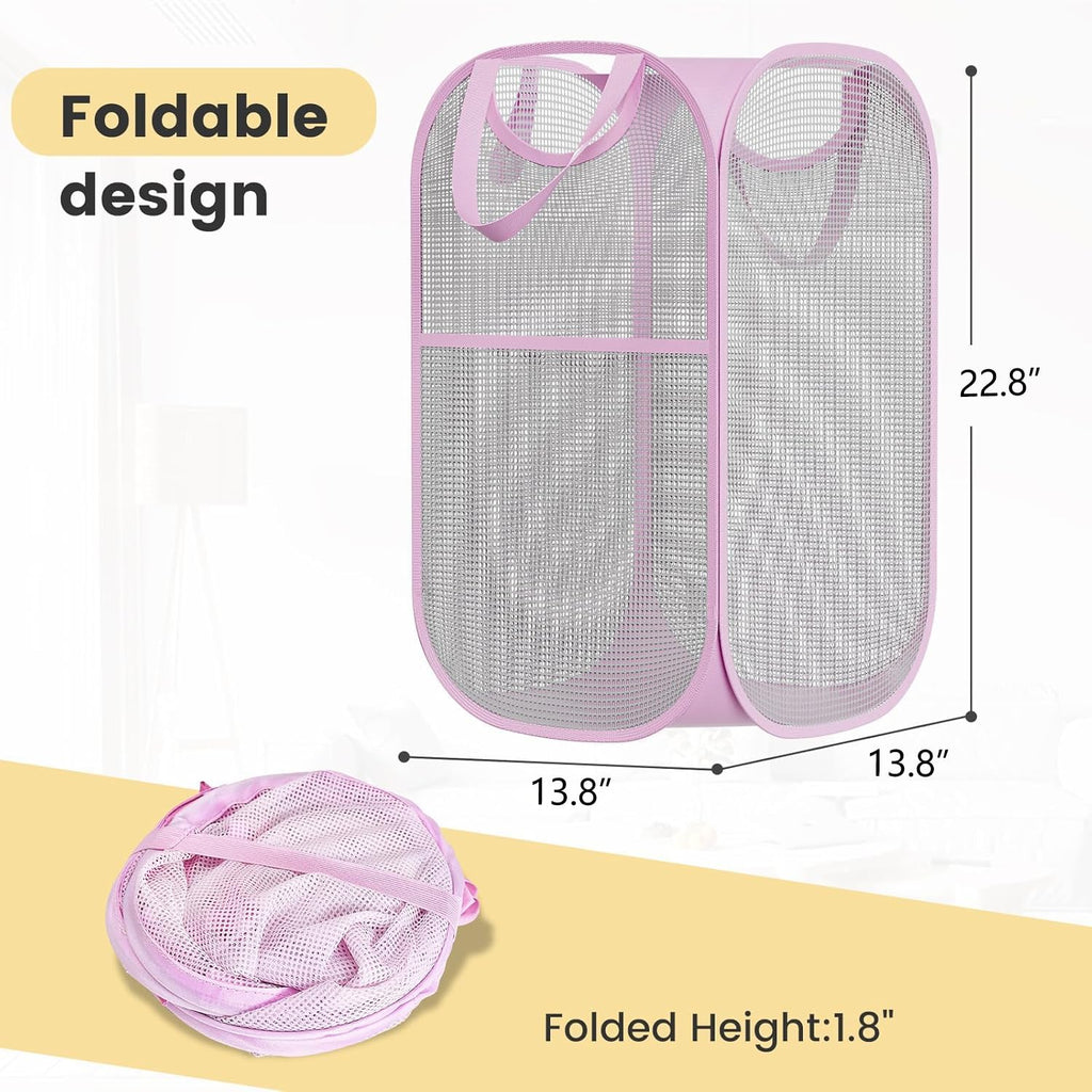 2Pack Strong Mesh Pop Up Laundry Hamper, 70L Collapsible Laundry Basket with Steel Frame, Double‐Stitched Handles &