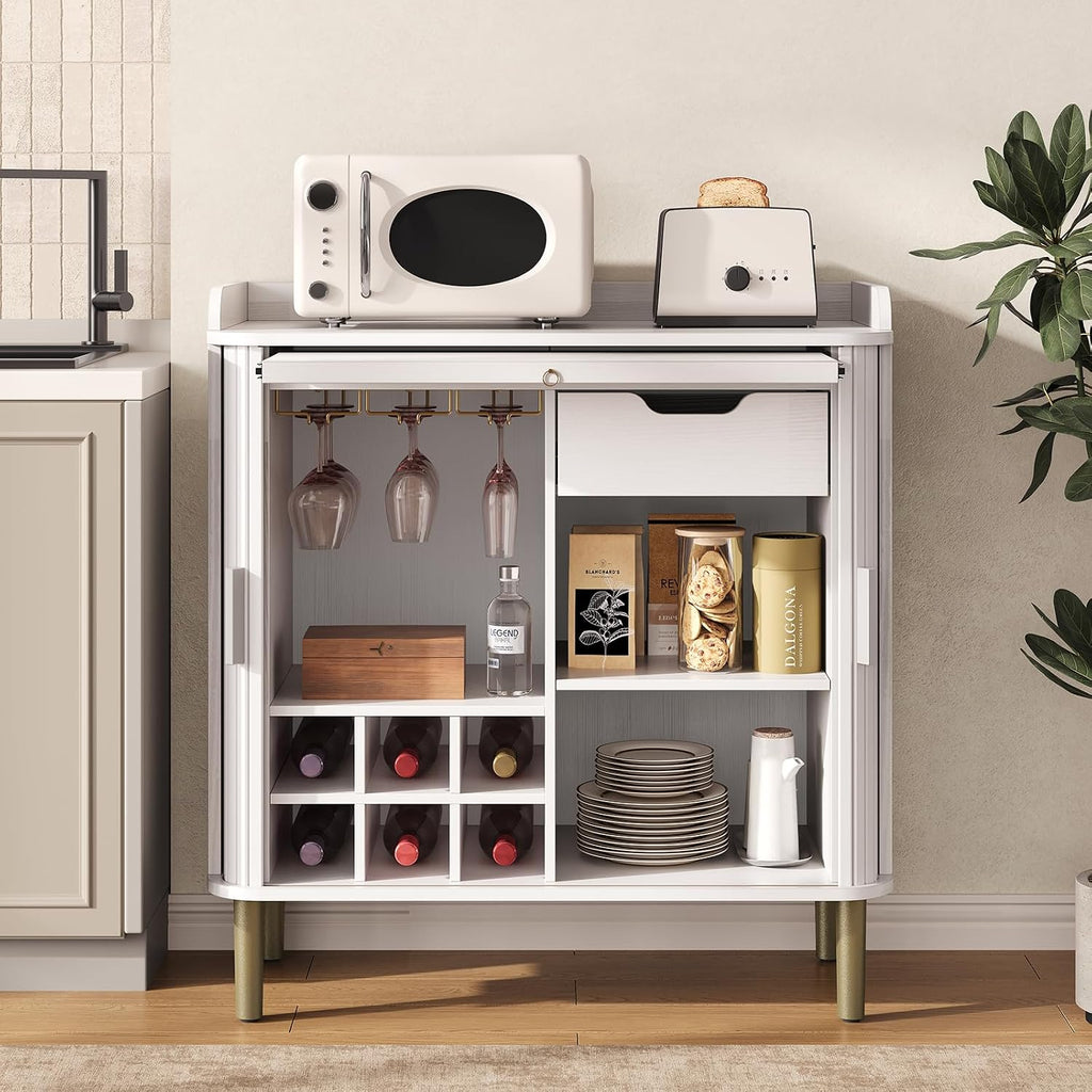Fluted Bar Cabinet with Storgae, Wine Cabinet, 33" H, White | Coffee Bar Cabinet, Liquor Cabinet, with Charging