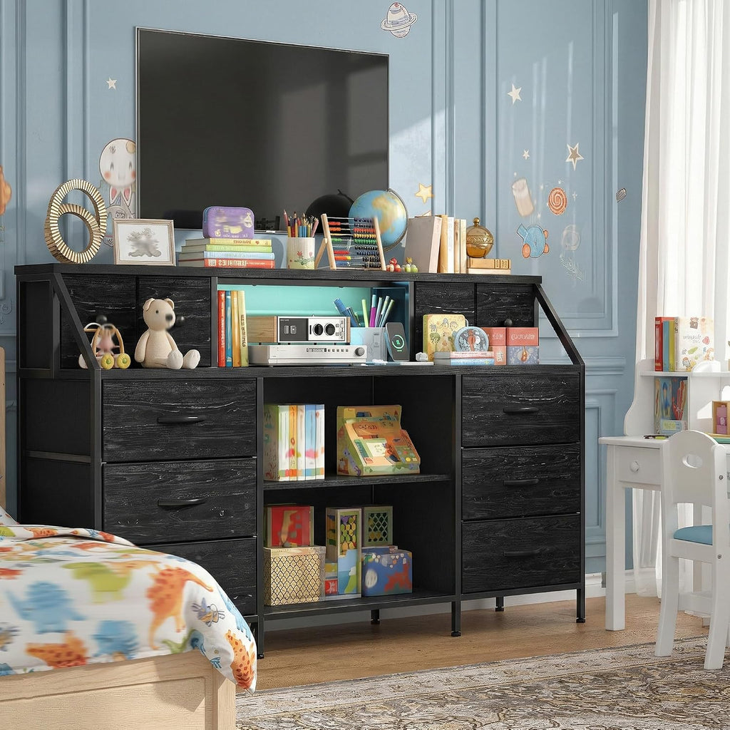 Black 55" Dresser with Charging Station & LED Lights Chest of Drawers with Detachable Mesh Door Bedroom Living Room