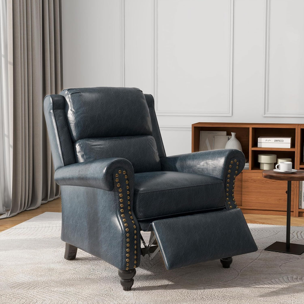 Pushback Recliner Chairs, Faux Leather Armchair, Navy - Set of 2