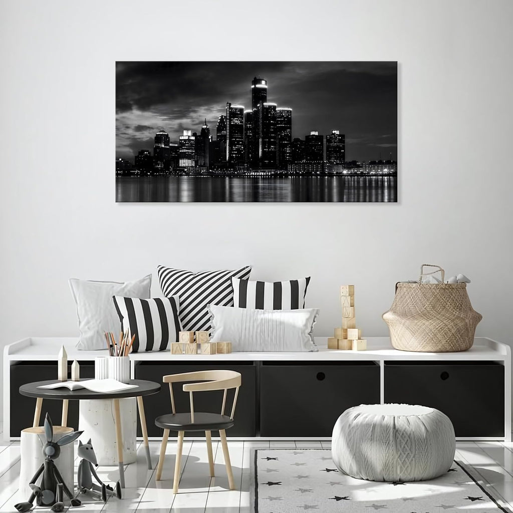 Detroit Skyline Canvas Wall Art Cityscape Night Scene Black & White City Art Print on Canvas Modern Giclee Framed