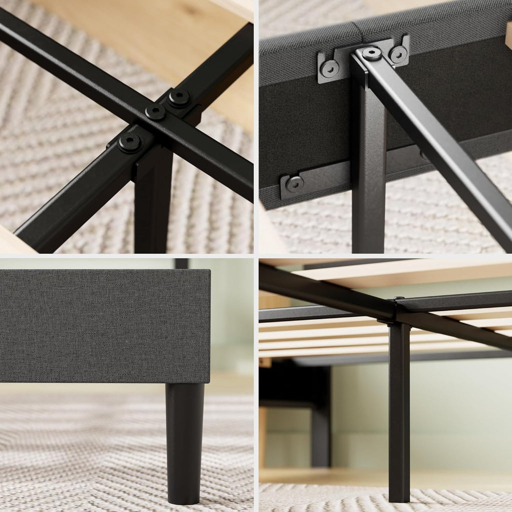 Full Piper Upholstered Platform Bed with Horizontal Paneled Headboard, Wooden Slat Support, No Box Spring Needed