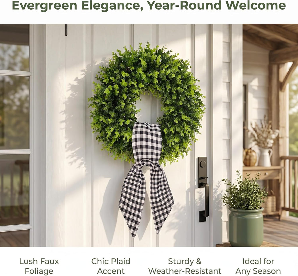 Boxwood Wreaths for Front Door Artificial Green Spring Summer Wreaths Farmhouse Door Hanger,Year Round Door Wreath