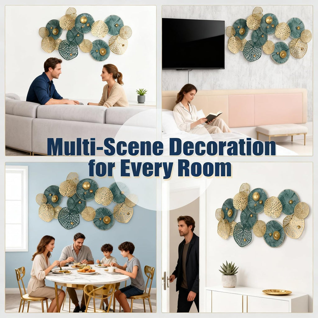 Large 3D Metal Wall Art, Modern Blue & Gold Lotus Leaf Sculpture, Coastal Home Decor Bedroom, Fall Halloween
