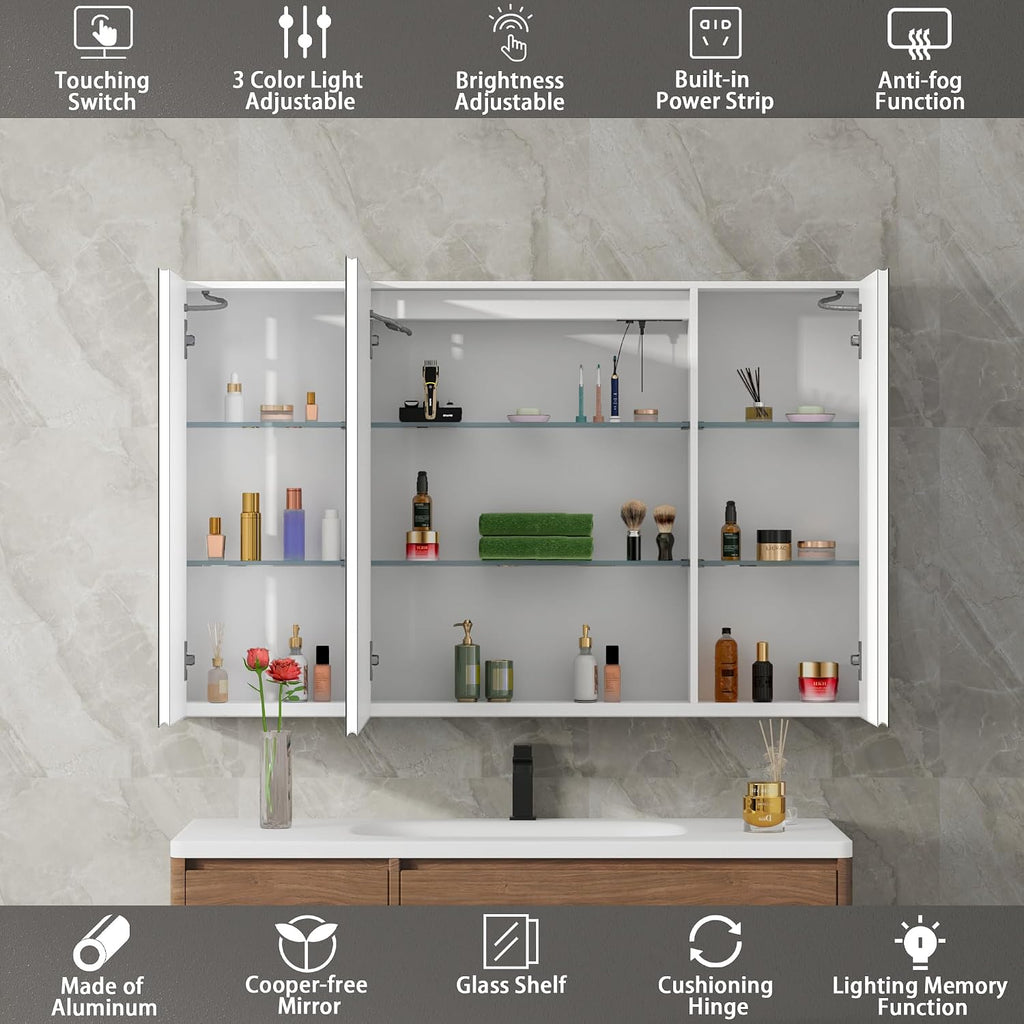 LED Medicine Cabinet with Mirror , Assembly-Free Lighted Medicine Cabinet, Defog, Stepless Dimming, 3 Colors, 2