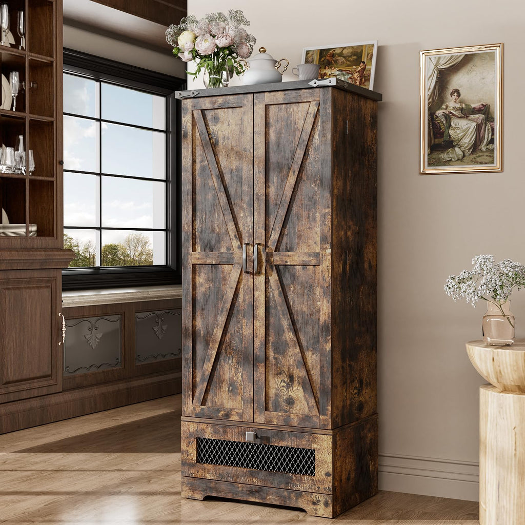 Farmhouse Pantry Cabinet with Adjustable Shelves and Drawer, Kitchen Cabinet Buffet Cupboards Storage Brown