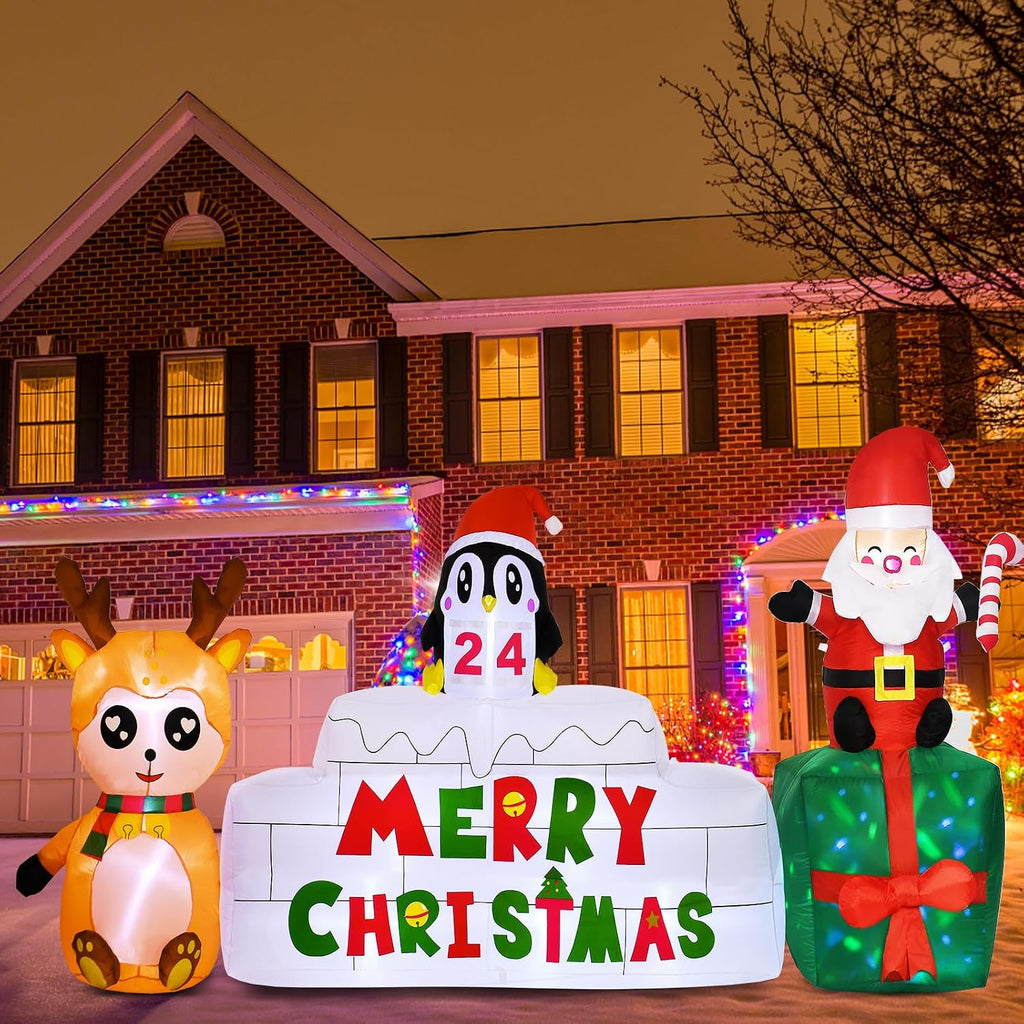 10 Ft Christmas Inflatables Outdoor Decorations Countdown Xmas Blow Up Yard Decorations, Reindeer Santa Inflatables