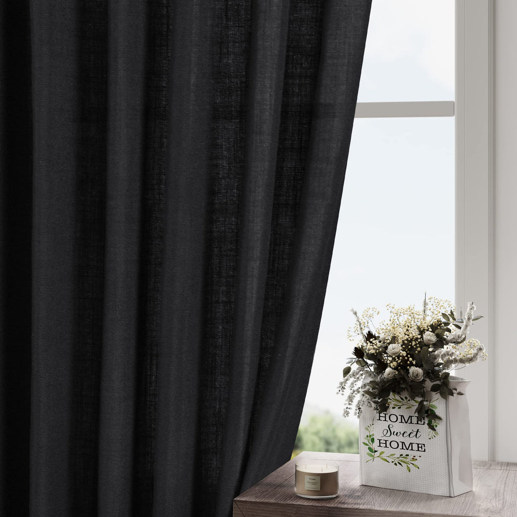 Long Black Curtain 100 inches Long 2 Panels Set Back Tab Modern Farmhouse Muslin Look Decor Cotton Textured Black