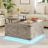 Farmhouse Lift Top Coffee Table, Square Wood Center Table with LED Lighting, USB-C Charging Station