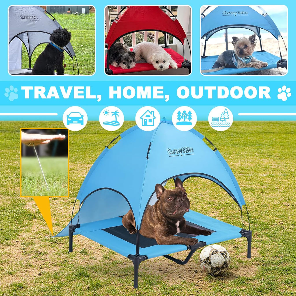 Outdoor Dog Bed with Canopy & Side Shade, Blue (Dogs Under 80 lbs)