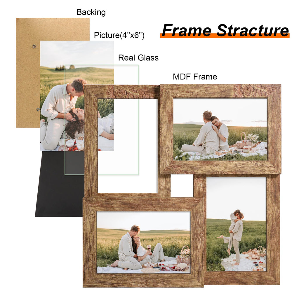 4x6 Collage Picture Frames Set of 1, Multi Family Photo Frame with Real Glass, Displays Four 4x6 Photo, Wall Decor