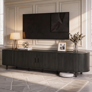 90" Mid-Century Modern TV Stand with Sliding Doors, TV Consoles with Power Outlet, Fluted Entertainment Center with