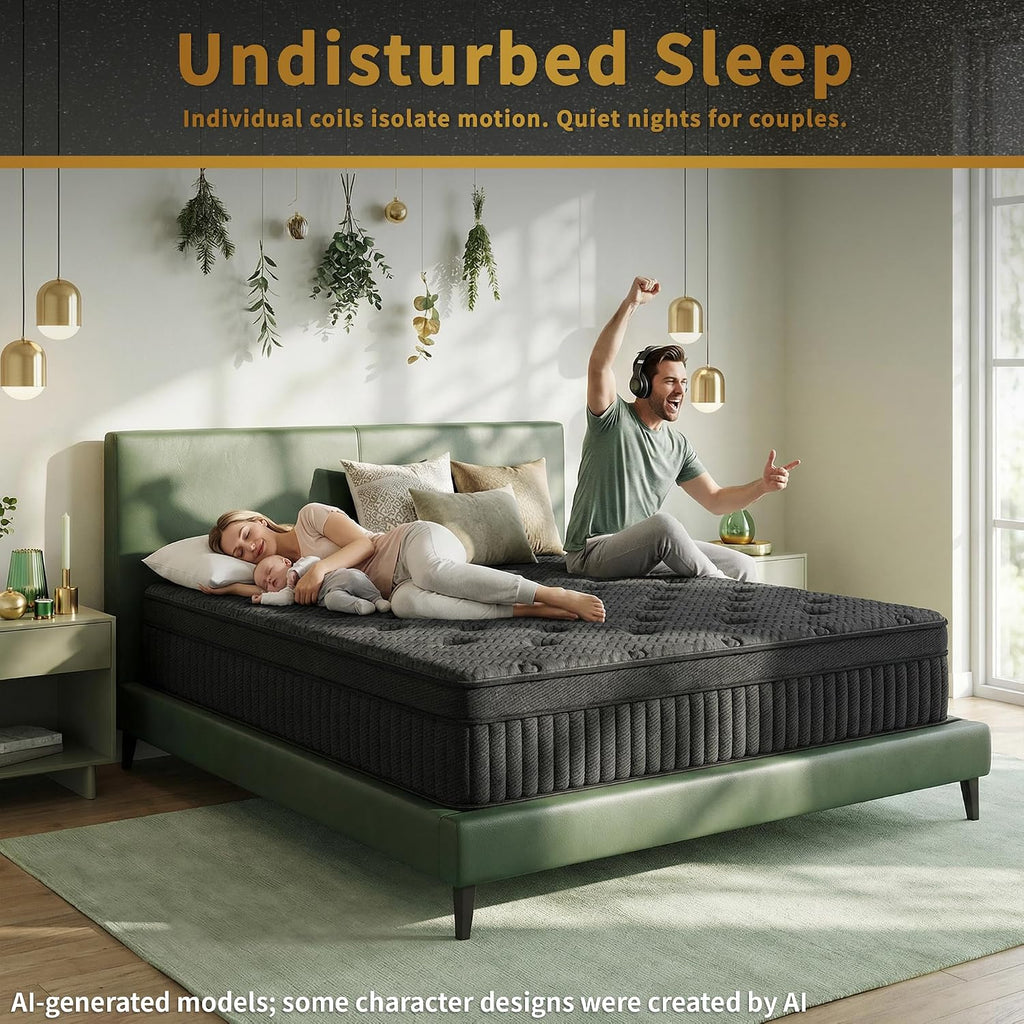 King Size Mattress, 12 Inch Cooling Hybrid, Medium Firm Pocket Coil | Bamboo charcoal foam and Euro top add