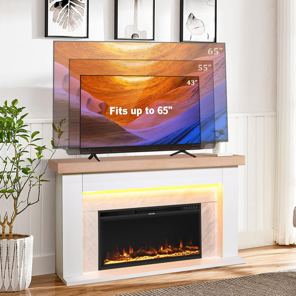 62" Freestanding Electric Fireplace Mantel, Remote & APP Dual Control, 36" Replaceable Heater Insert for Living Bedroom.