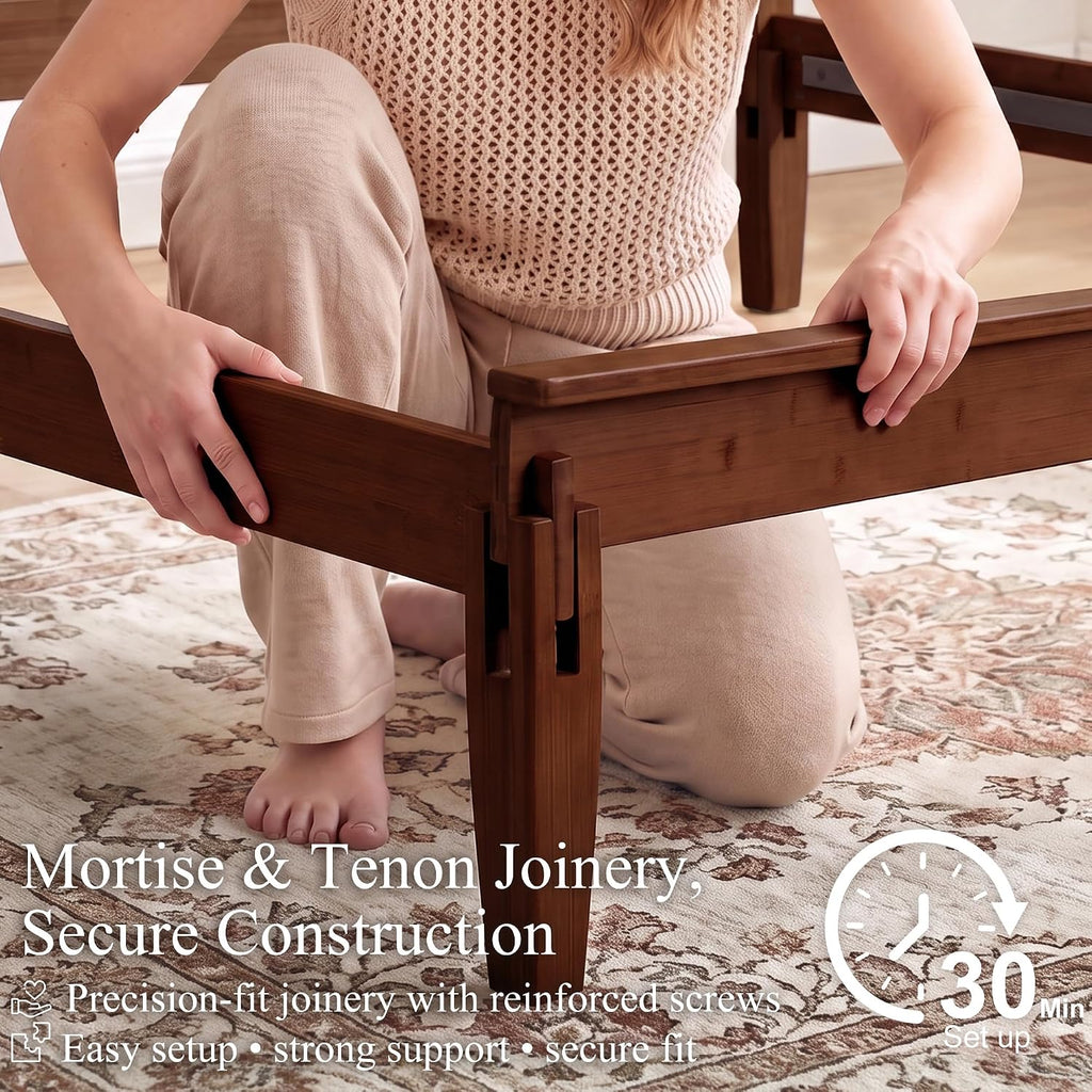 Japanese-Inspired Joinery Bed Frame with Upholstered Headboard