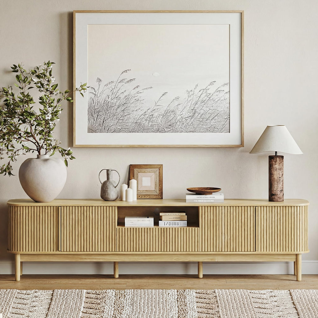 86.6'' Fluted TV Stand for 75/80/85 Inch TVs, Oak TV Console