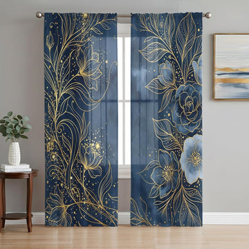 Luxury Floral Sheer Curtains for Living Room Bedroom Blue Golden Lace Vintage Sheer Curtains 96 Inch Long 2 Panels