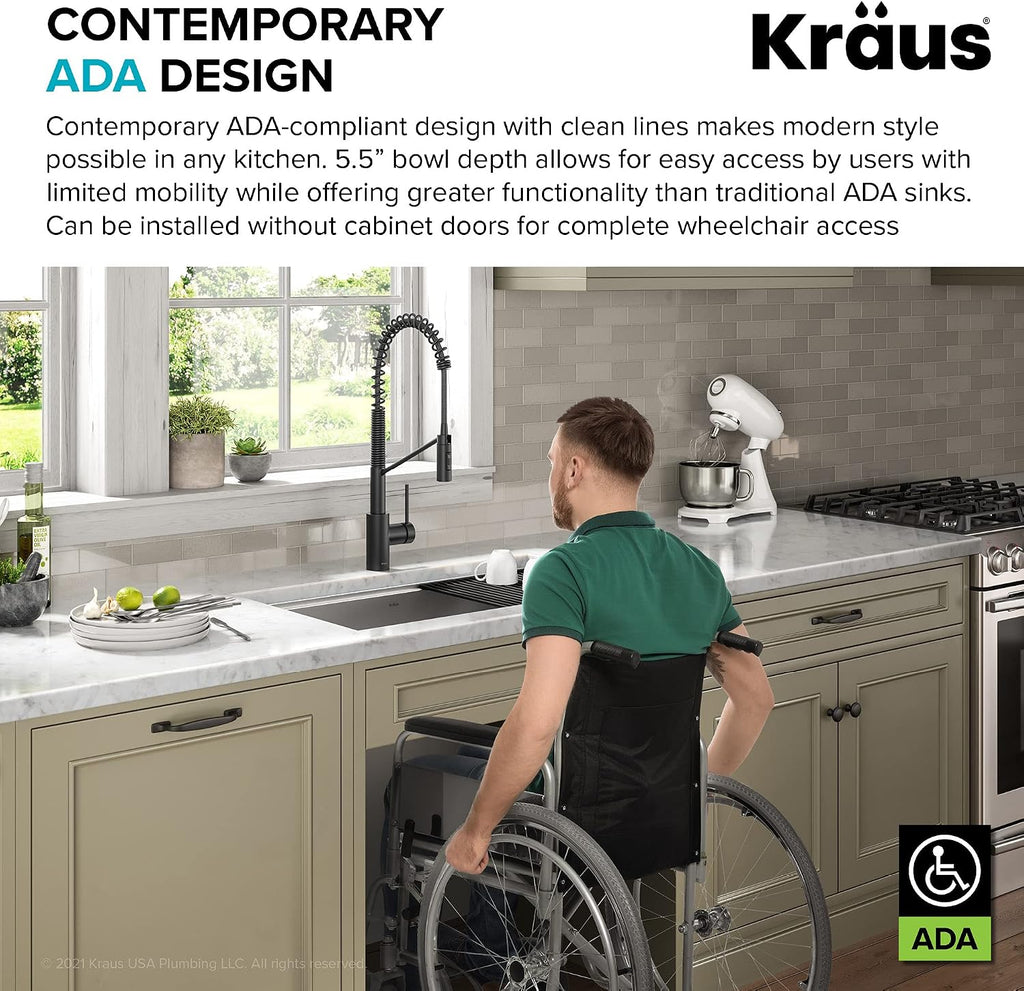 Kore ADA Workstation 32-inch Undermount 16 Gauge Stainless Steel Kitchen Sink, Single Bowl Kitchen Sink with