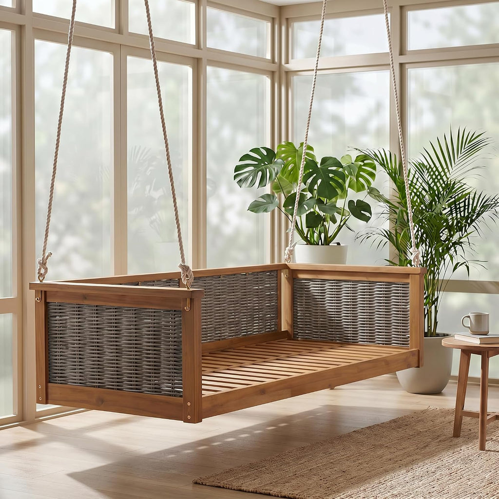 Twin Size Wooden Outdoor Swing Bed, Acacia Wood Porch Swing with Rattan Backrest and Ropes , Backyard & Garden, Teak