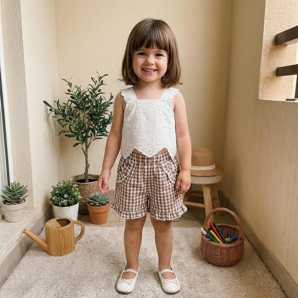 2Pcs Toddler Baby Girl Summer Outfits Sleeveless Lace Crop Top + Ruffle Plaid Shorts Clothes Set for Girls