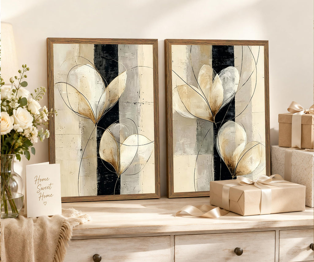 Framed Modern Neutral Black White Abstract Floral Canvas Wall Art Set of 2