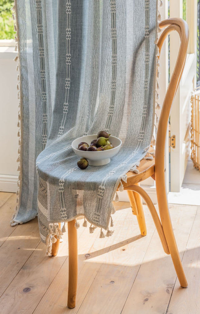 Boho Embroidery Striped Farmhouse Curtains - 84 Inch Long, 2 Panel Set, Blue Linen, Tassel, Semi-Blackout (52" W x