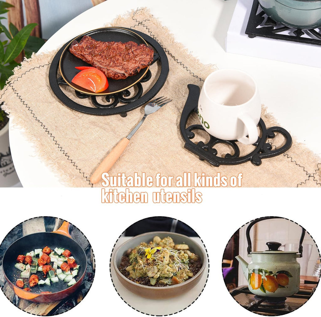 Heavy Duty Cast Iron Trivet,Decorative Rustproof Black Trivet or Dinning Table,7.9" x 6" with Vintage Lovely Teapot
