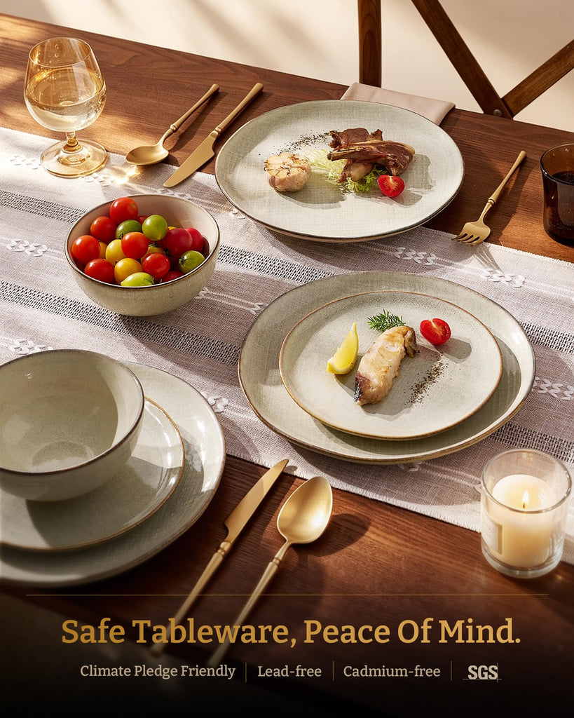 12-Piece Stoneware Dinnerware Sets, Linen Dishes Set for 4