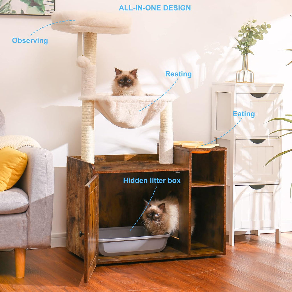 Cat Tree Tower, Food Station, XL Litter Box Enclosure