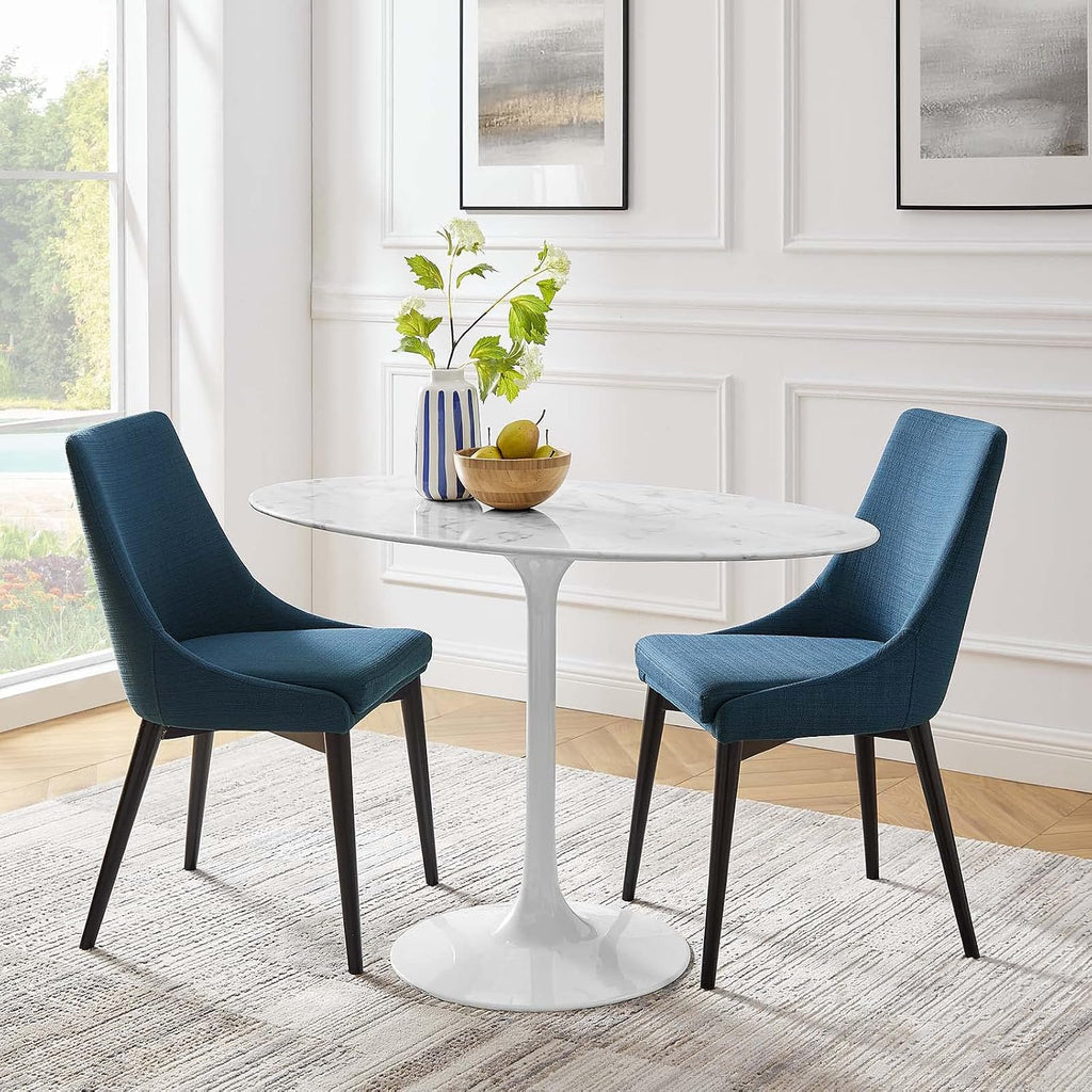 Inspired Tulip Style Oval Pedestal Dining Table — White Base / Marble Top, 48″ Oval