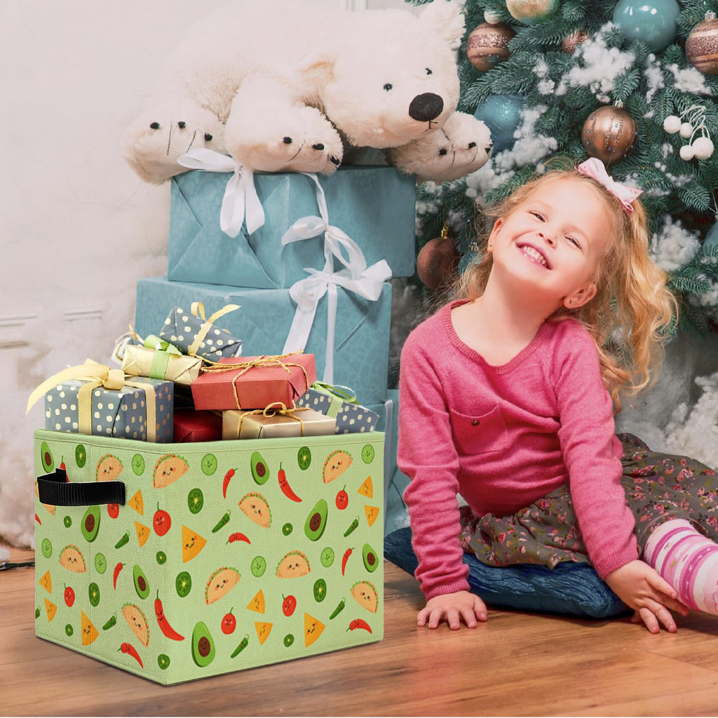 Green Mexican Taco Avocado Storage Bins Box with Handles, Chili Nacho Mexican Food Laundry Basket Hamper Collapsible