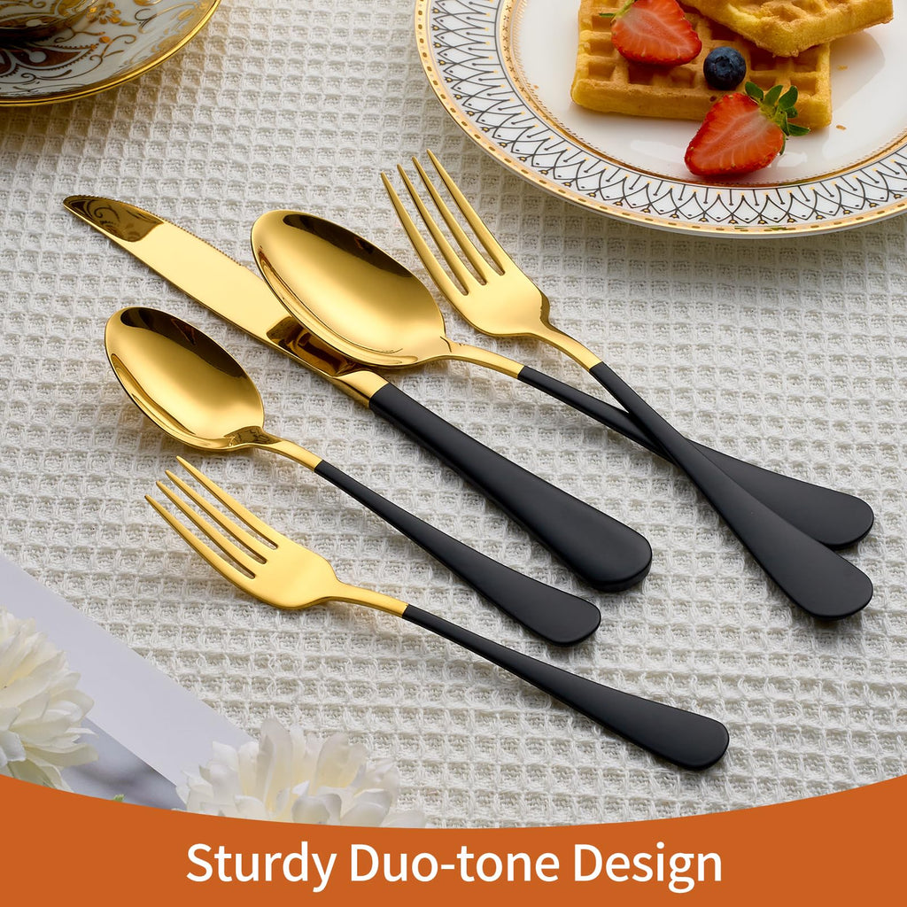 20 Piece Gold and Black 18/0 Flatware Utensil Set for 4, Include Dinner Knife,Dinner Forks,Dinner Spoons,Salad