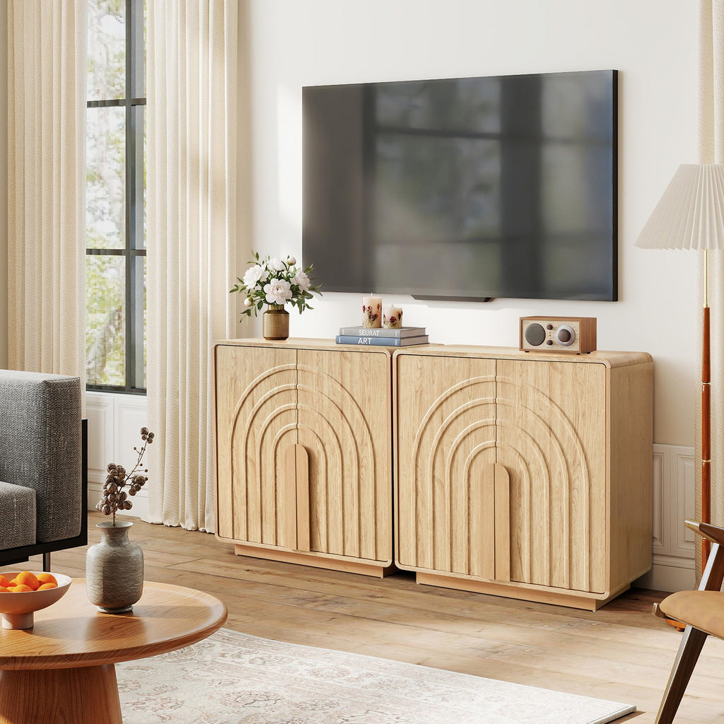 Storage Cabinet with Arched Fluted Door Design, 2 Door Modern Accent Sideboard Buffet Cabinet with Rounded Edges