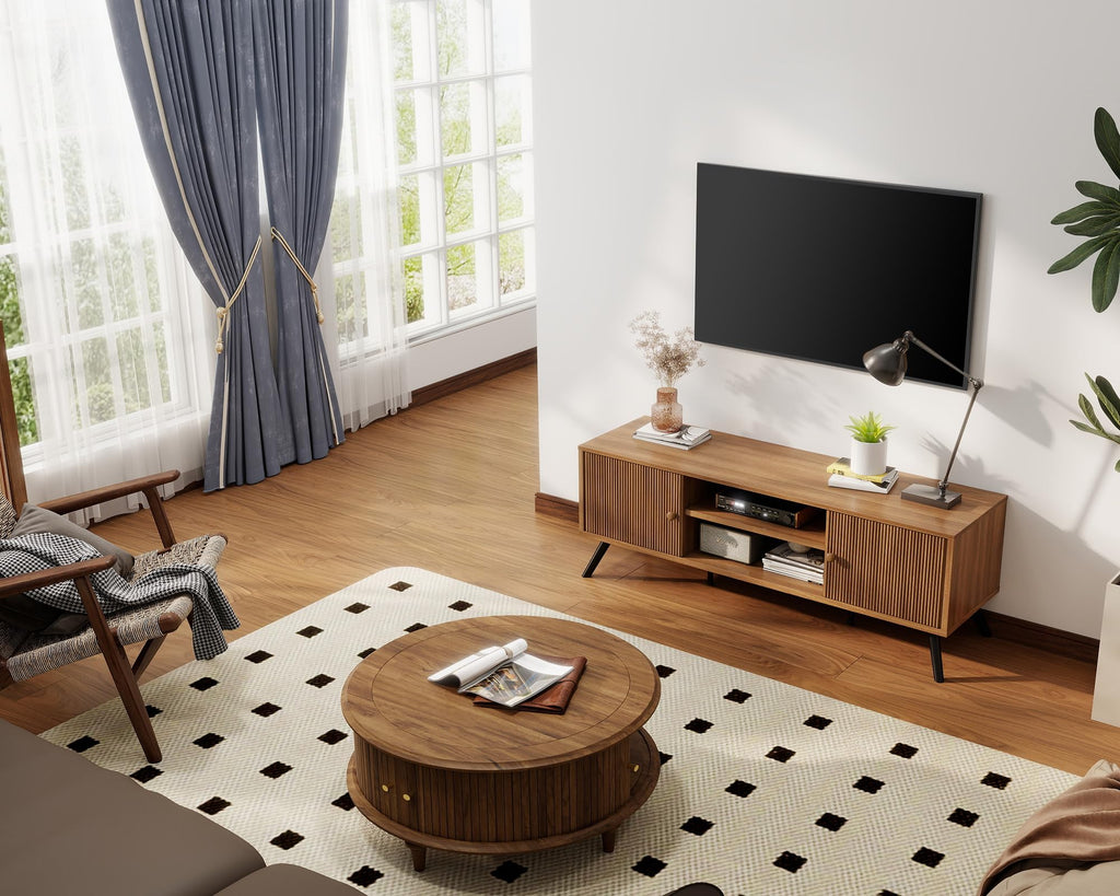 TV Stand, Mid Century Modern Entertainment Center for 55/60/65 Inch TVs, Retro Brown TV Console with Fluted Door