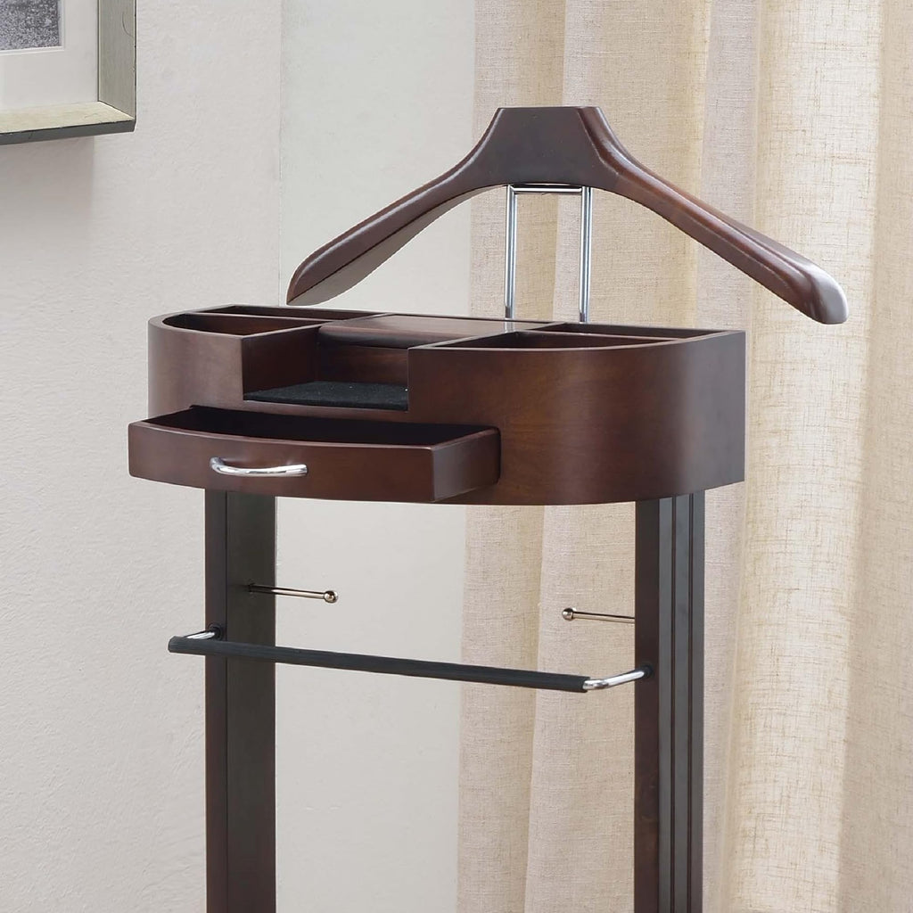 Products - Crescent Moon Valet, Mens Valet Stand with Drawer, Top Tray, Contour Hanger, Trouser Bar, Belt Hooks &