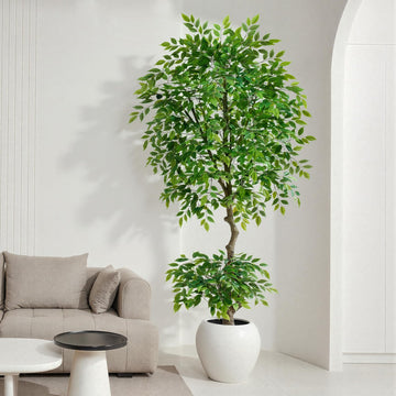 7ft Tall Ficus Artificial Trees with Double-Layered Canopy, Large Fake Floor Tree with Natural Curved Trunk, Lush