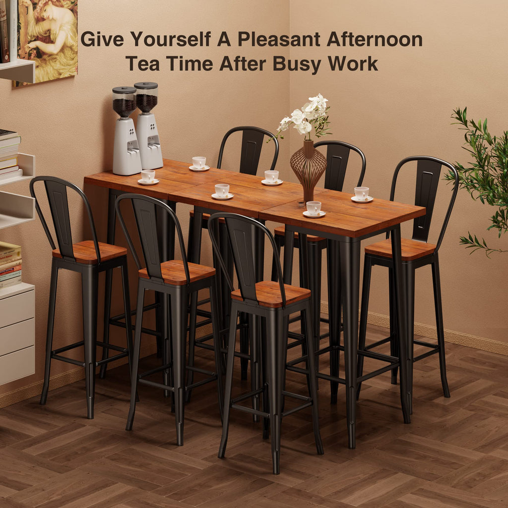 Bar Table and Chairs Set, Pub Table and Chairs Set of 2, with Elm Solid Wood and Thickened Metal Frame, for Bar