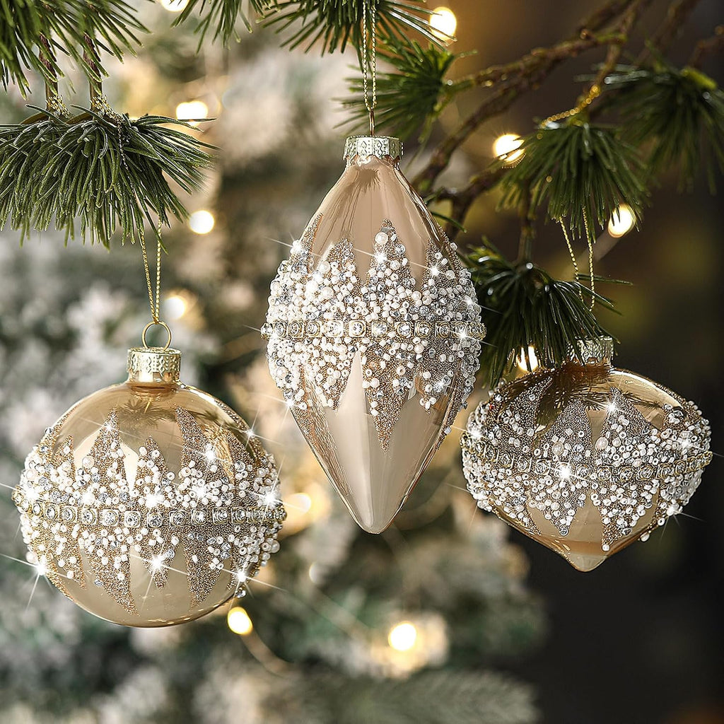 Champagne Christmas Glass Ball Ornament Xmas Tree Decoration - Set of 3