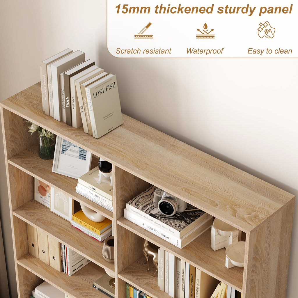 Bookshelf Tall Bookcase, 6-Tier Double Wide Bookshelves, Light Oak