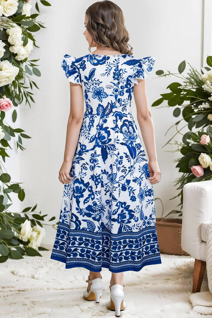 Girl's Summer Boho Floral Flutter Sleeve Casual Maxi Dress