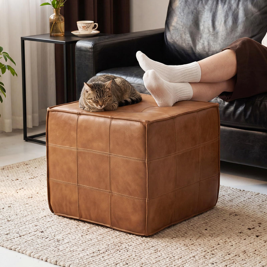 Square Genuine Leather Pouf Ottoman, No-Assembly Modern Footrest (Tan)