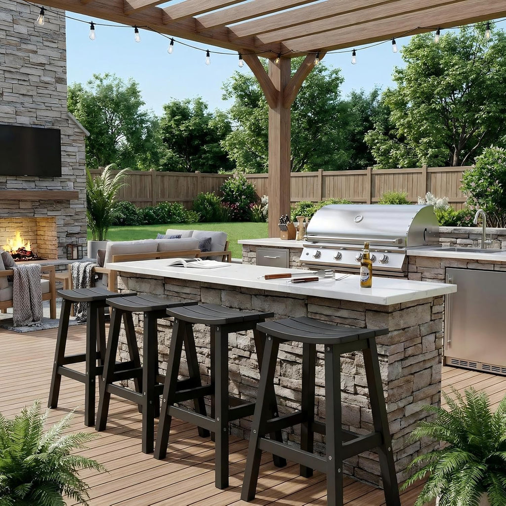 All-Weather Bar Stools Set of 2, 28" Outdoor Barstools with 400 lbs Capacity, Low Maintenance HIPS Patio Furniture