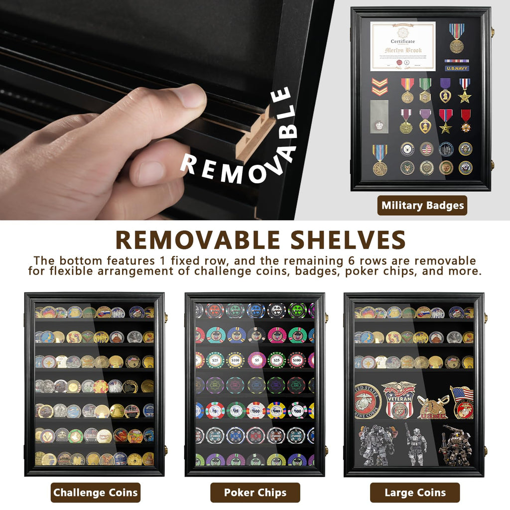 7 Rows Military Challenge Coin Holder Wall Display Case with HD Tempered Glass - Holds 100 Coins, Medal Display
