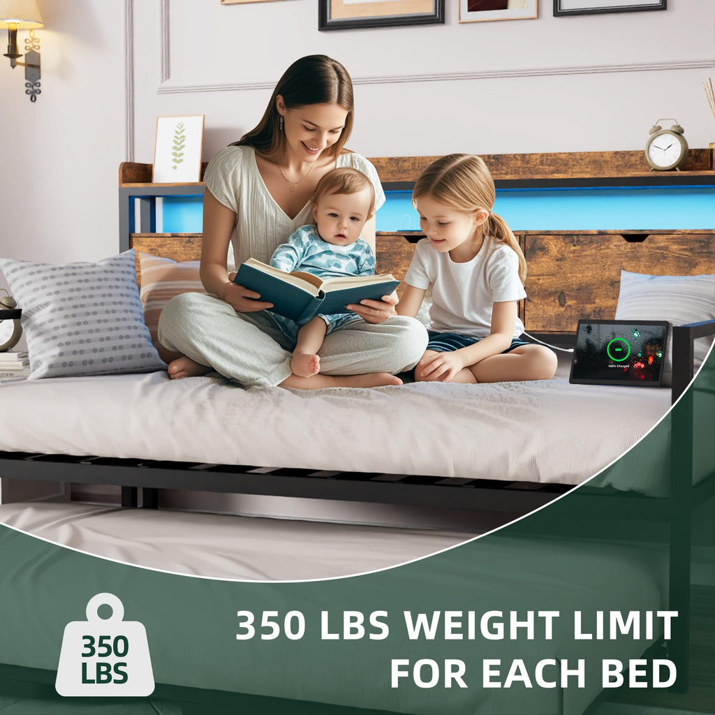 MU Twin Daybed with Trundle, Pop-Up Twin-to-King Bed, Rustic Brown